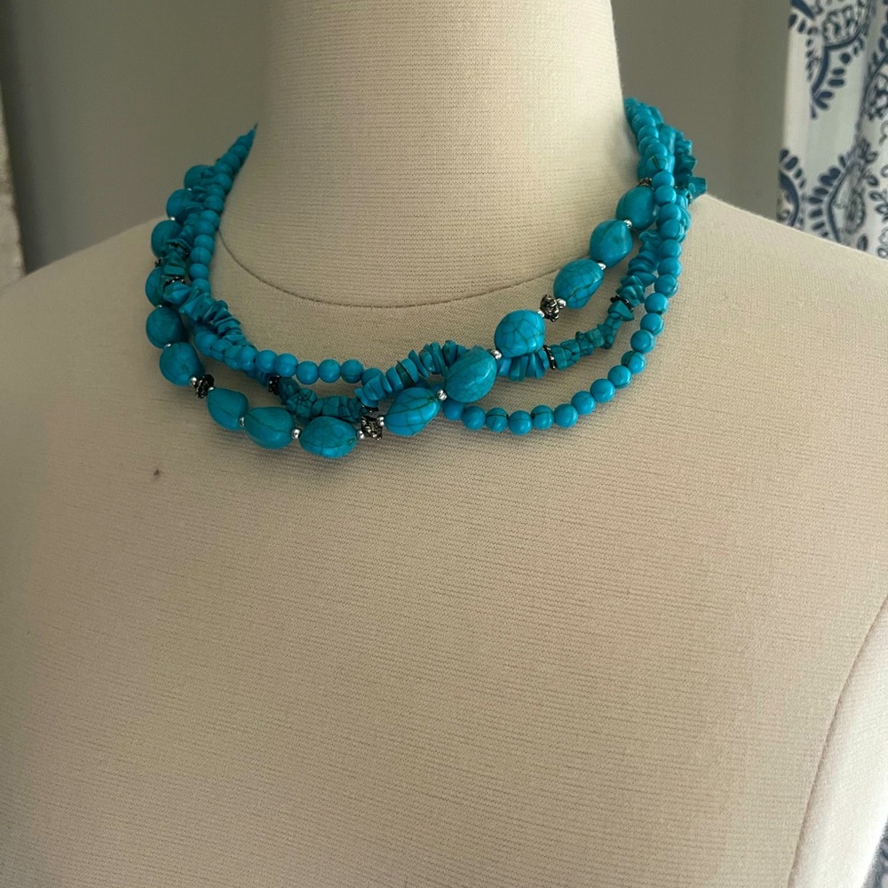Turquoise silver 3 strand statement necklace